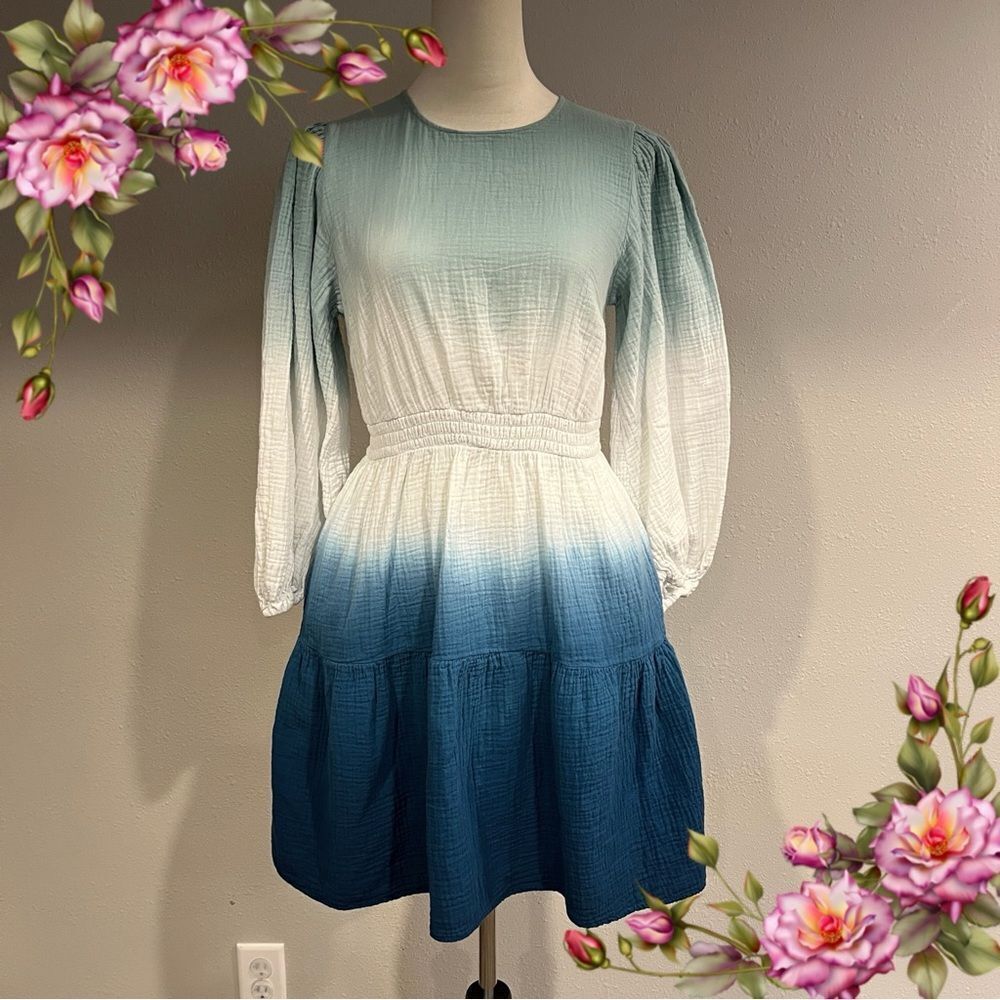 Ombre Blue long sleeve scoop neck‎ mini Dress